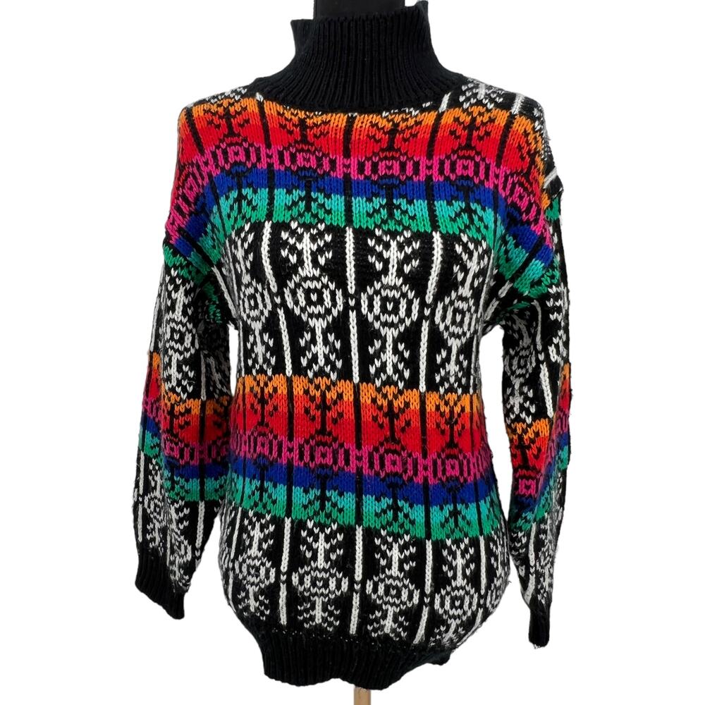 Vintage Ricki Black Knitted Fair Isle‎ Nordic Mock Neck Sweater Small